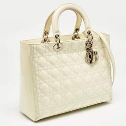 Pre Owned Dior Off White Cannage Patent Leather Large Lady Dior Tote