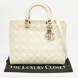 Pre Owned Dior Off White Cannage Patent Leather Large Lady Dior Tote