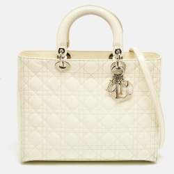 Pre Owned Dior Off White Cannage Patent Leather Large Lady Dior Tote