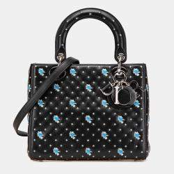 Pre Owned Dior Black Medium Calfskin Embroidered Flower Lady Dior