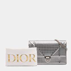 Dior Silver Metallic Patent Microcannage Diorama Wallet on Chain