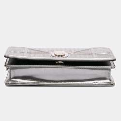 Dior Silver Metallic Patent Microcannage Diorama Wallet on Chain