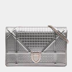 Dior Silver Metallic Patent Microcannage Diorama Wallet on Chain