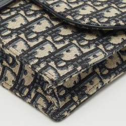 Pre Owned Dior Navy Blue/Beige Oblique Canvas Saddle Chain Pouch