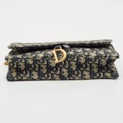 Pre Owned Dior Navy Blue/Beige Oblique Canvas Saddle Chain Pouch