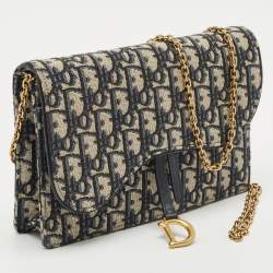 Pre Owned Dior Navy Blue/Beige Oblique Canvas Saddle Chain Pouch