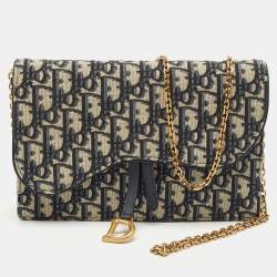 Pre Owned Dior Navy Blue/Beige Oblique Canvas Saddle Chain Pouch