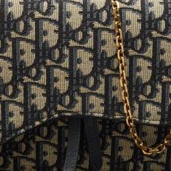 Pre Owned Dior Navy Blue/Beige Oblique Canvas Saddle Chain Pouch