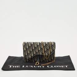 Pre Owned Dior Navy Blue/Beige Oblique Canvas Saddle Chain Pouch