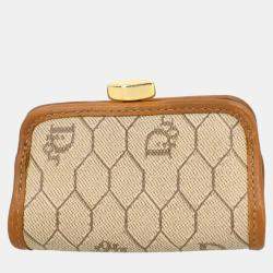 Christian Dior Beige/Brown Honeycomb Pattern Coin Case Wallet