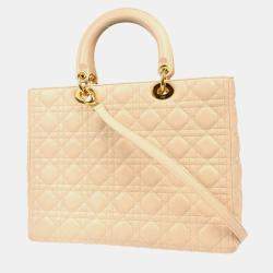 Christian Dior Beige Lambskin Lady Dior Cannage Large Handbag
