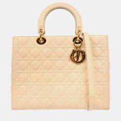 Christian Dior Beige Lambskin Lady Dior Cannage Large Handbag