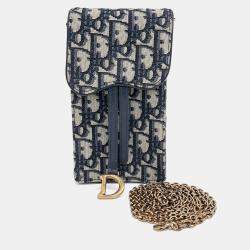 Dior Navy Blue Fabric Oblique Saddle Chain Crossbody Bag