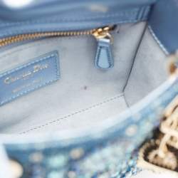 Dior Metallic Blue Leather and Satin Embellished Mini Lady Dior Tote