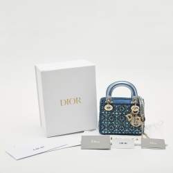 Dior Metallic Blue Leather and Satin Embellished Mini Lady Dior Tote