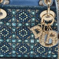 Dior Metallic Blue Leather and Satin Embellished Mini Lady Dior Tote