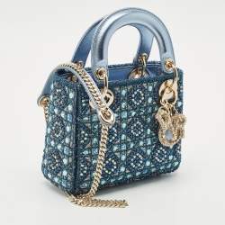 Dior Metallic Blue Leather and Satin Embellished Mini Lady Dior Tote