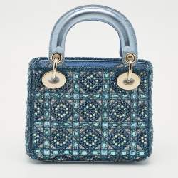 Dior Metallic Blue Leather and Satin Embellished Mini Lady Dior Tote
