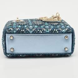 Dior Metallic Blue Leather and Satin Embellished Mini Lady Dior Tote