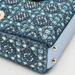 Dior Metallic Blue Leather and Satin Embellished Mini Lady Dior Tote