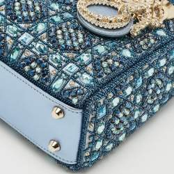 Dior Metallic Blue Leather and Satin Embellished Mini Lady Dior Tote
