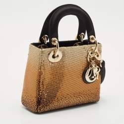 Dior Gold/Black Sequin and Satin Mini Lady Dior Tote