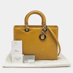Pre Owned Dior Yellow Ostrich Leather Large Lady Dior Tote