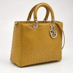 Pre Owned Dior Yellow Ostrich Leather Large Lady Dior Tote