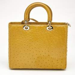 Pre Owned Dior Yellow Ostrich Leather Large Lady Dior Tote