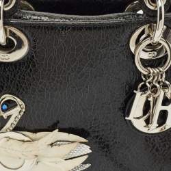 Pre Owned Dior Black Crackled Leather Mini Jeweled Swan Lady Dior Tote
