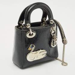 Pre Owned Dior Black Crackled Leather Mini Jeweled Swan Lady Dior Tote
