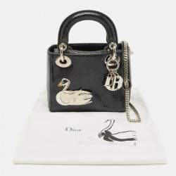 Pre Owned Dior Black Crackled Leather Mini Jeweled Swan Lady Dior Tote