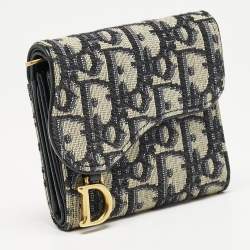 Pre Owned Dior Navy Blue Oblique Canvas Saddle Lotus Wallet