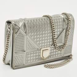 Dior Silver Microcannage Patent Leather Diorama Wallet on Chain