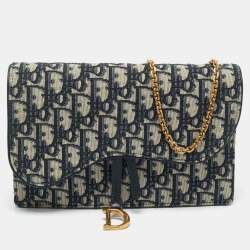 Dior Navy Blue Oblique Canvas Saddle Pouch Wallet On Chain