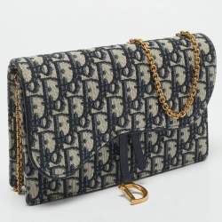 Dior Navy Blue Oblique Canvas Saddle Pouch Wallet On Chain