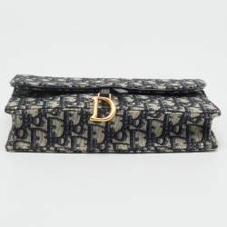 Dior Navy Blue Oblique Canvas Saddle Pouch Wallet On Chain