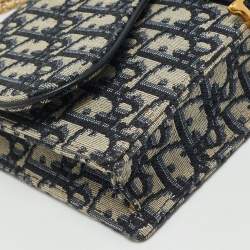 Dior Navy Blue Oblique Canvas Saddle Pouch Wallet On Chain