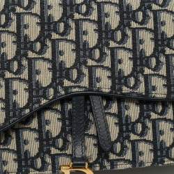 Dior Navy Blue Oblique Canvas Saddle Pouch Wallet On Chain