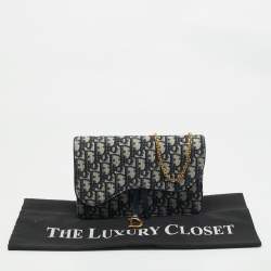 Dior Navy Blue Oblique Canvas Saddle Pouch Wallet On Chain