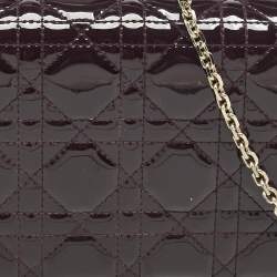 Dior Burgundy Cannage Patent Leather Lady Dior Pouch with Chain
