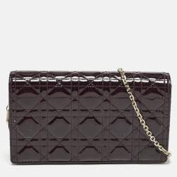 Dior Burgundy Cannage Patent Leather Lady Dior Pouch with Chain