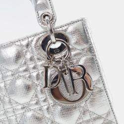 Dior Lady Dior Small Metallic Silver Lambskin Lucky Badges Tote Bag