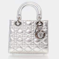 Dior Lady Dior Small Metallic Silver Lambskin Lucky Badges Tote Bag