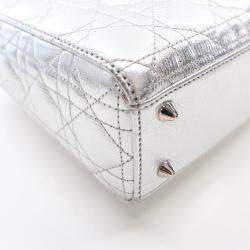 Dior Lady Dior Small Metallic Silver Lambskin Lucky Badges Tote Bag