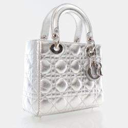 Dior Lady Dior Small Metallic Silver Lambskin Lucky Badges Tote Bag
