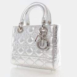 Dior Lady Dior Small Metallic Silver Lambskin Lucky Badges Tote Bag