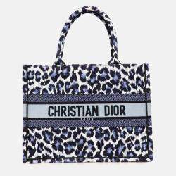 Dior Blue Mizza Medium Embroidered Canvas Leopard Book Tote