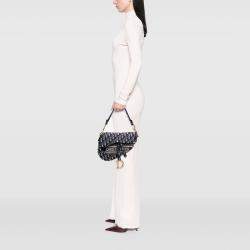 Dior Navy Blue Oblique Embroidered Canvas Saddle Bag