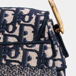 Dior Navy Blue Oblique Embroidered Canvas Saddle Bag